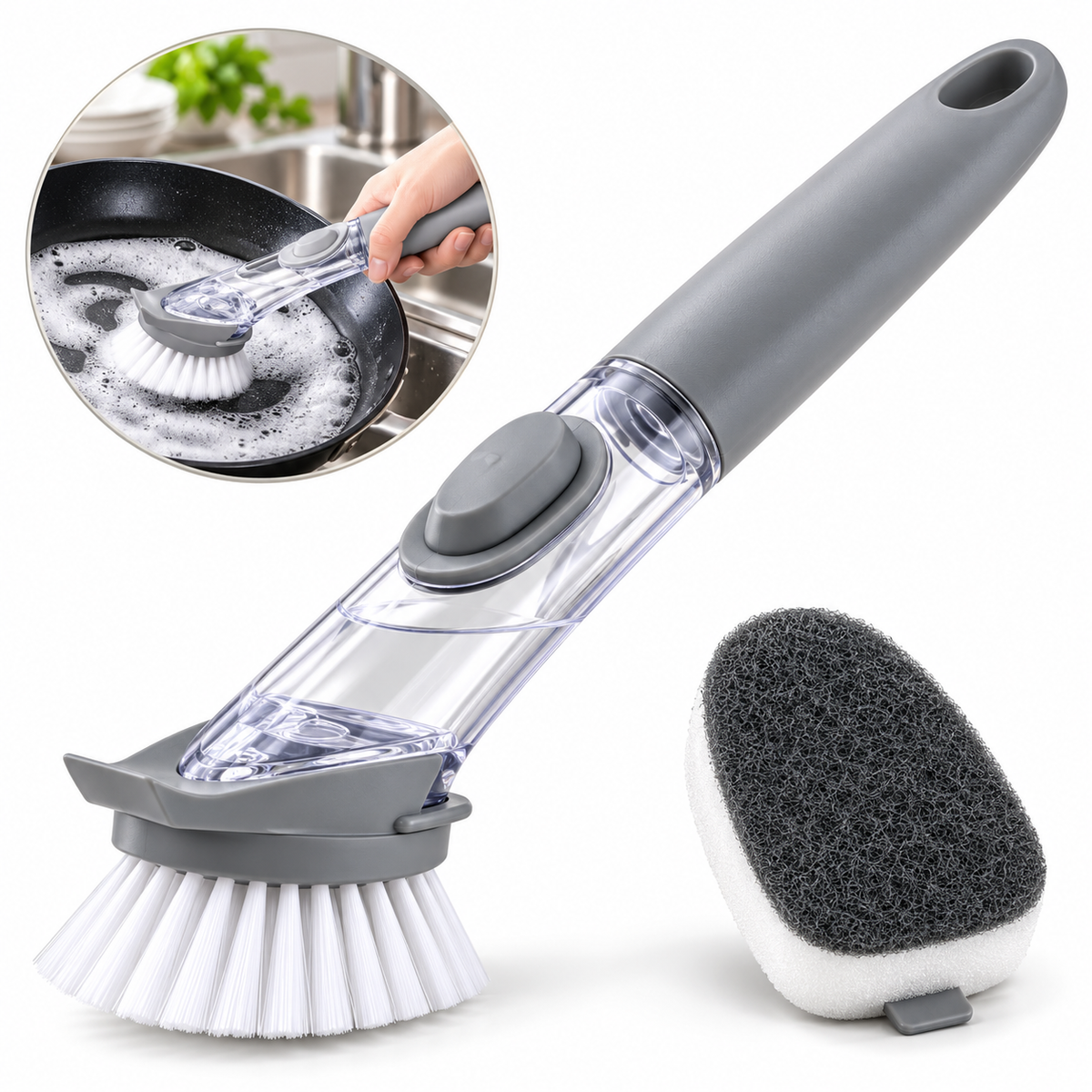 Soap-Dispensing Dishwashing Brush with Scrub Sponge Refill | Kitchen Cleaning Tool
