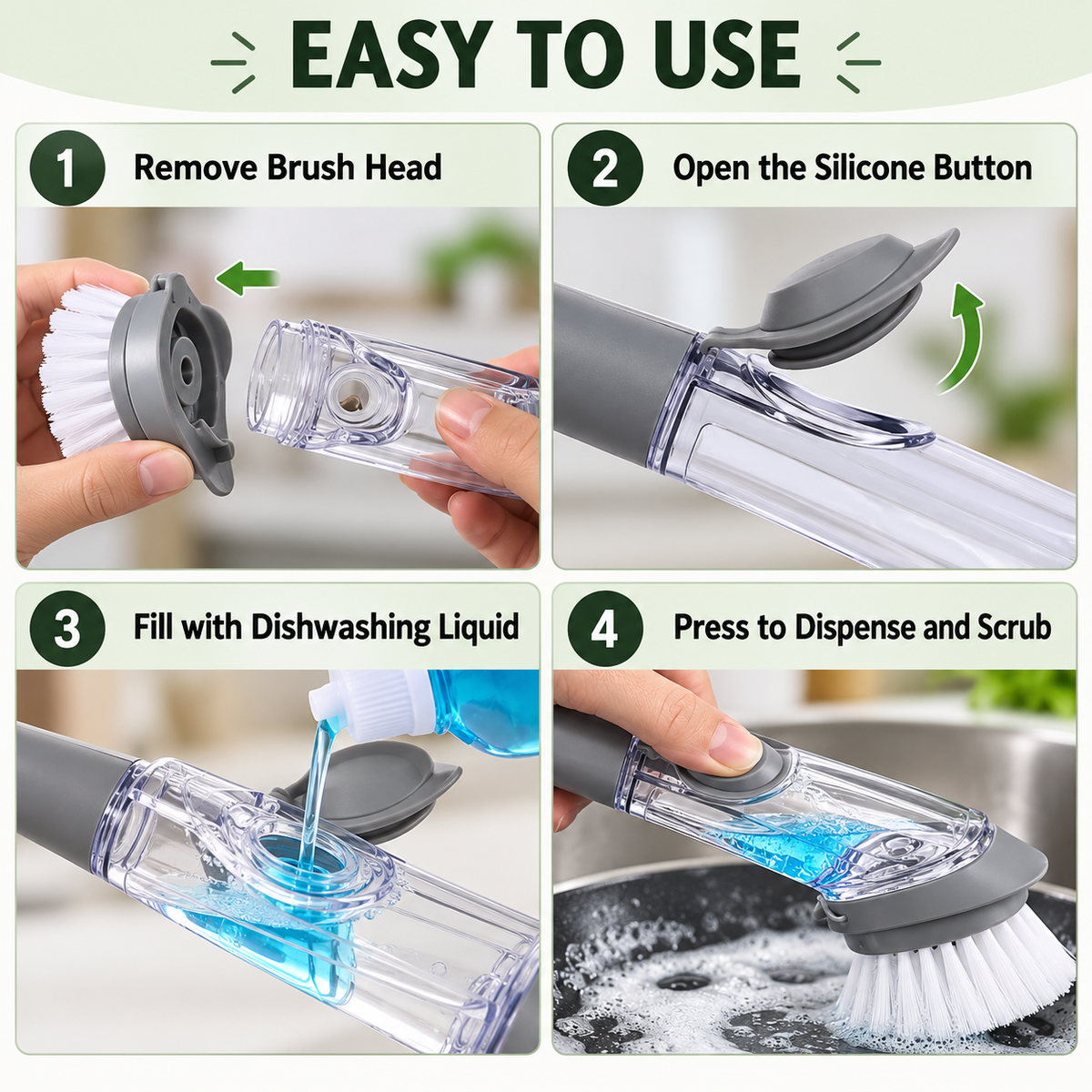 Close-up of the soap-dispensing dishwashing brush