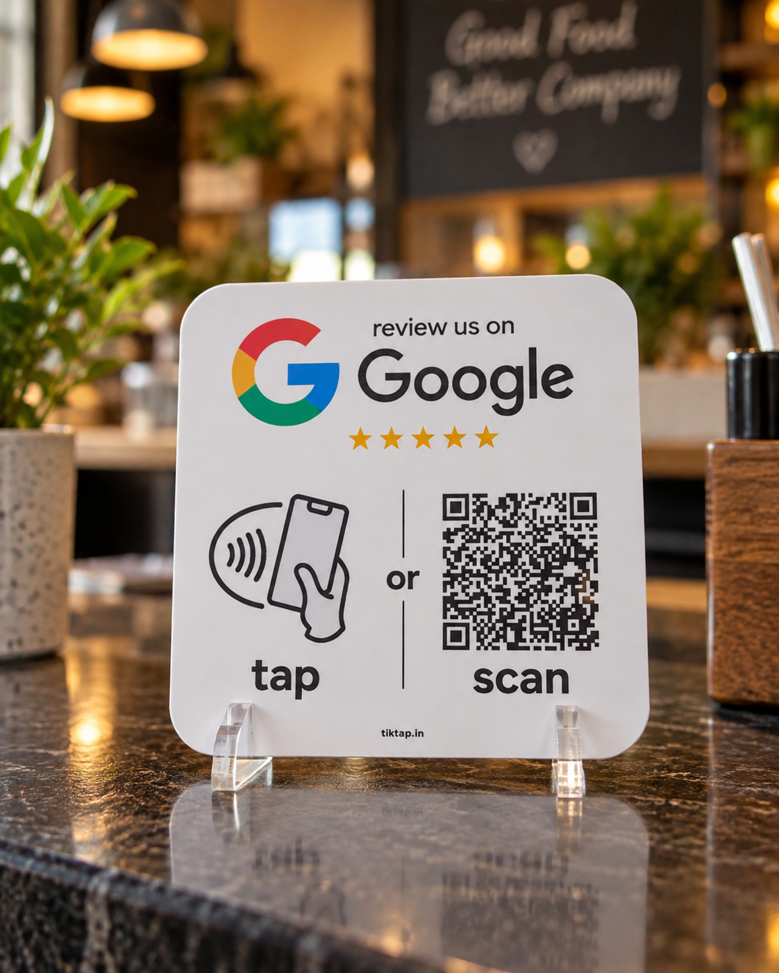 TikTap NFC + QR Google Review Card on a stand at a café counter