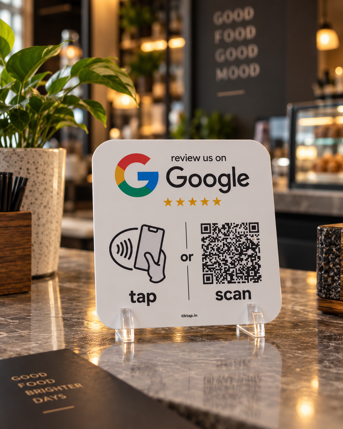 TikTap Google Review Card displayed on a restaurant counter
