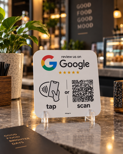 TikTap Google Review Card displayed on a restaurant counter